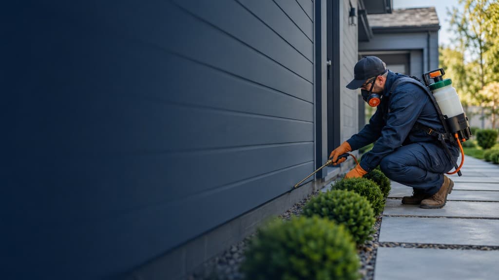 Pest control technician treating the exterior of a residential home